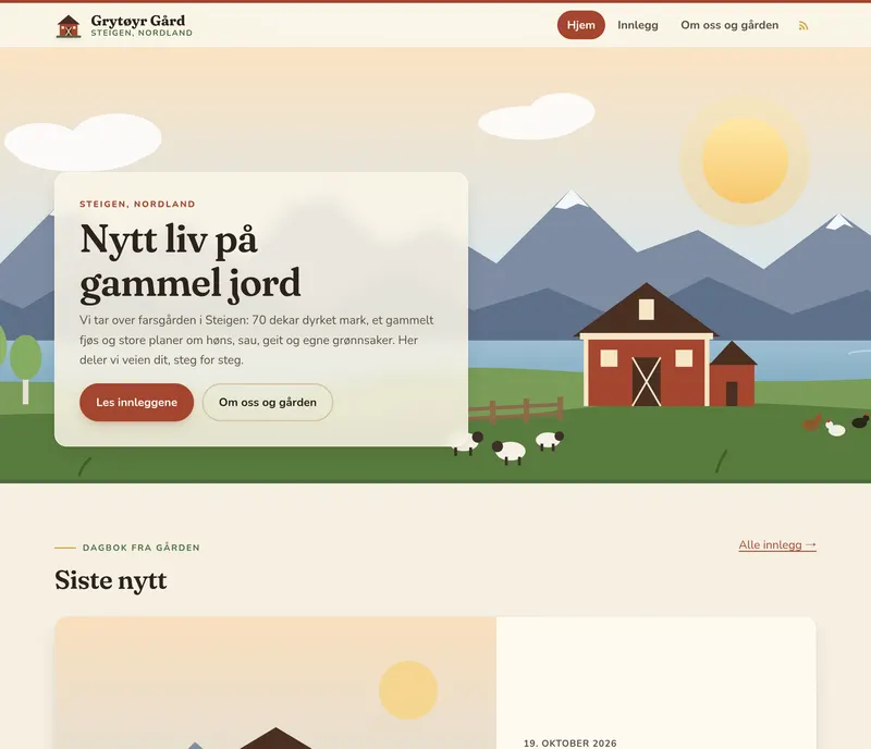Forsiden til Grytøyr Gård, med landskap, siste innlegg og tidslinje